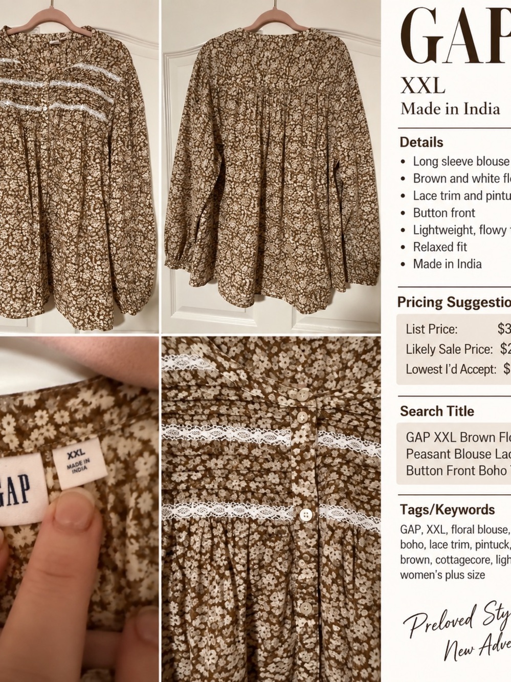 GAP Brown Floral Peasant Skirt with Lace Trim